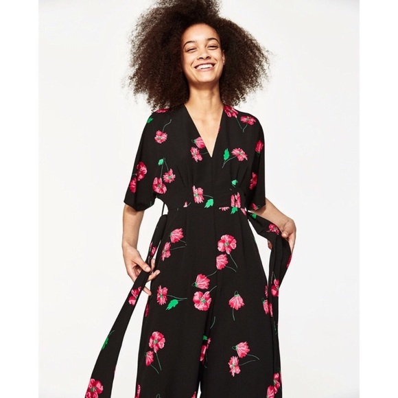 Zara Pants - ZARA BLACK PINK FLORAL SIDE SLIT JUMPSUIT